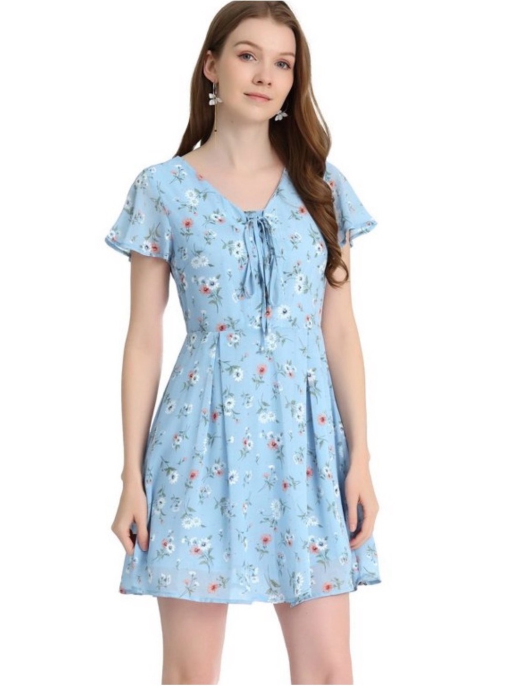 Allegra K Light Blue Floral Tie-Front Fit & Flare Mini Dress
